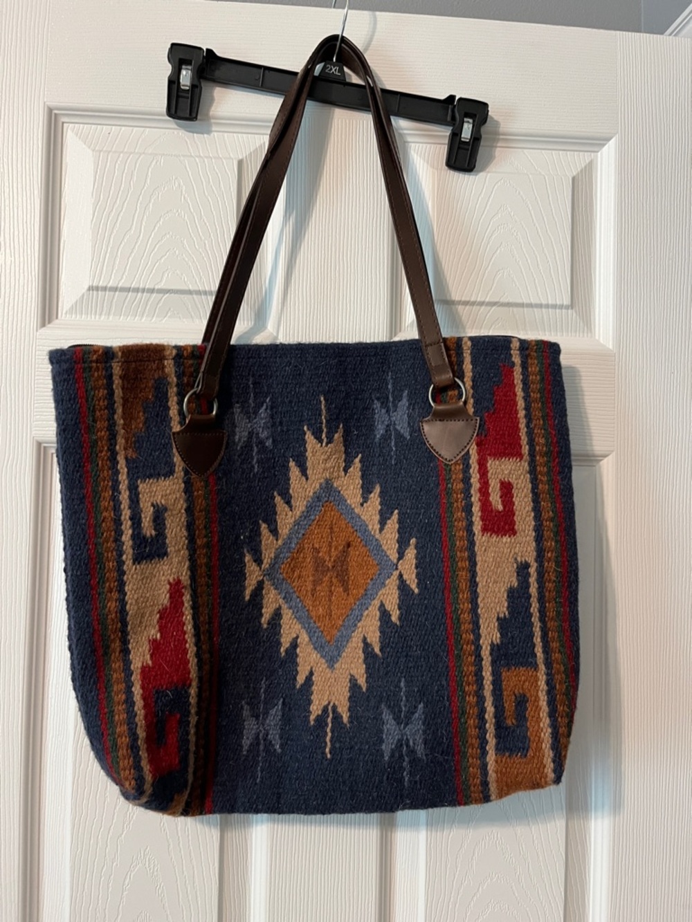 Navy Southwestern Pattern Tote with Brown Straps